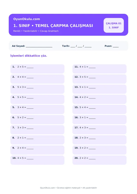 1. Sınıf Çarpmaya Hazırlık Çalışma Kağıdı PDF önizleme