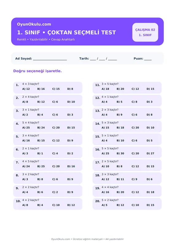 1. Sınıf Çarpım Tablosu Çoktan Seçmeli Test PDF önizleme