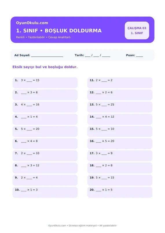 1. Sınıf Çarpım Tablosu Boşluk Doldurma PDF önizleme