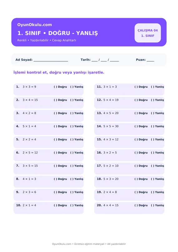 1. Sınıf Çarpım Tablosu Doğru - Yanlış PDF önizleme