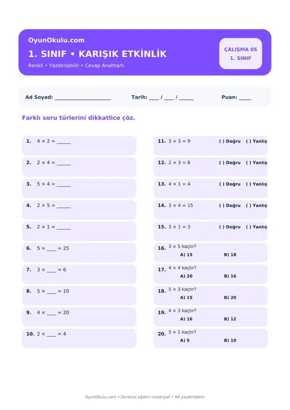 1. Sınıf Çarpım Tablosu Karışık Etkinlik PDF önizleme