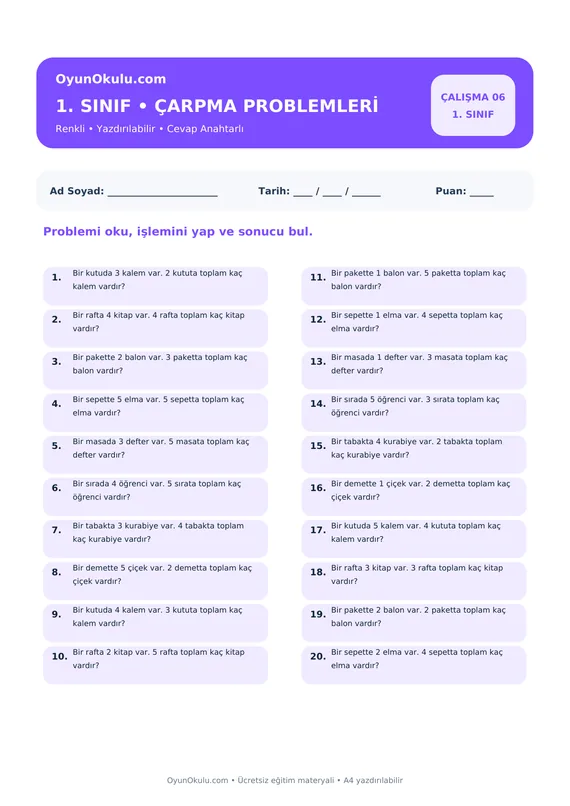 1. Sınıf Çarpım Tablosu Çarpma Problemleri PDF önizleme