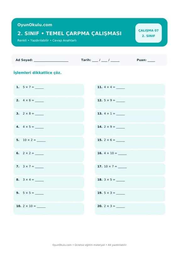 2. Sınıf Çarpım Tablosu Temel Çarpma / Hazırlık PDF önizleme