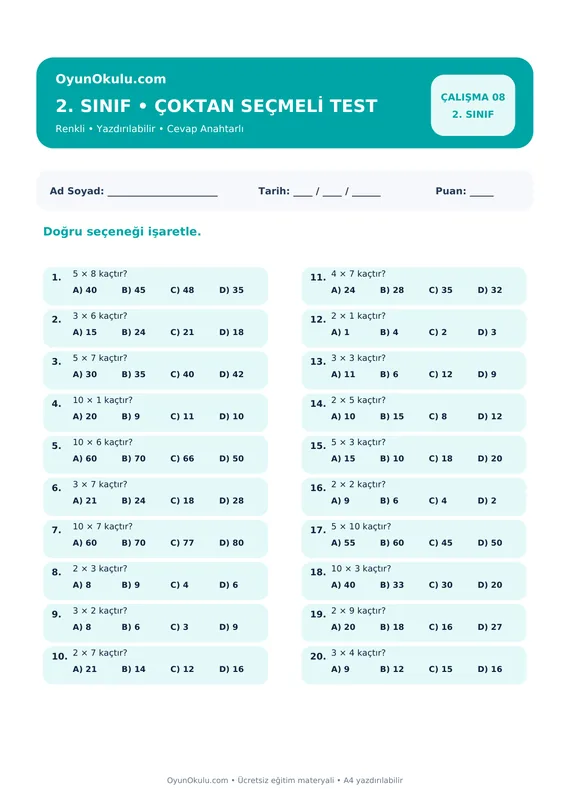 2. Sınıf Çarpım Tablosu Çoktan Seçmeli Test PDF önizleme