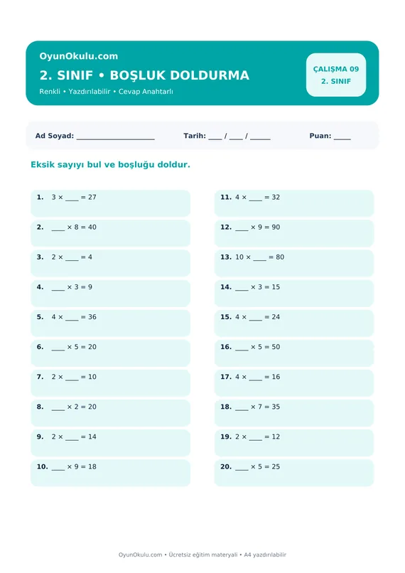2. Sınıf Çarpım Tablosu Boşluk Doldurma PDF önizleme