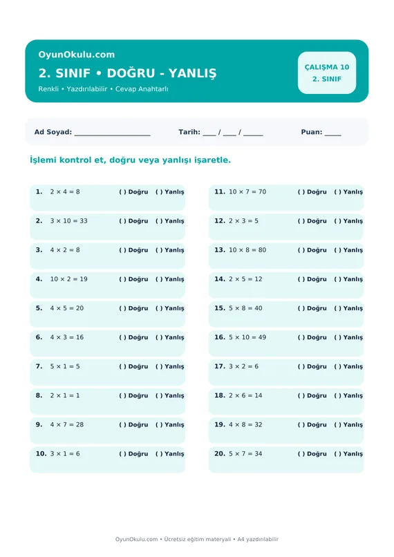 2. Sınıf Çarpım Tablosu Doğru - Yanlış PDF önizleme