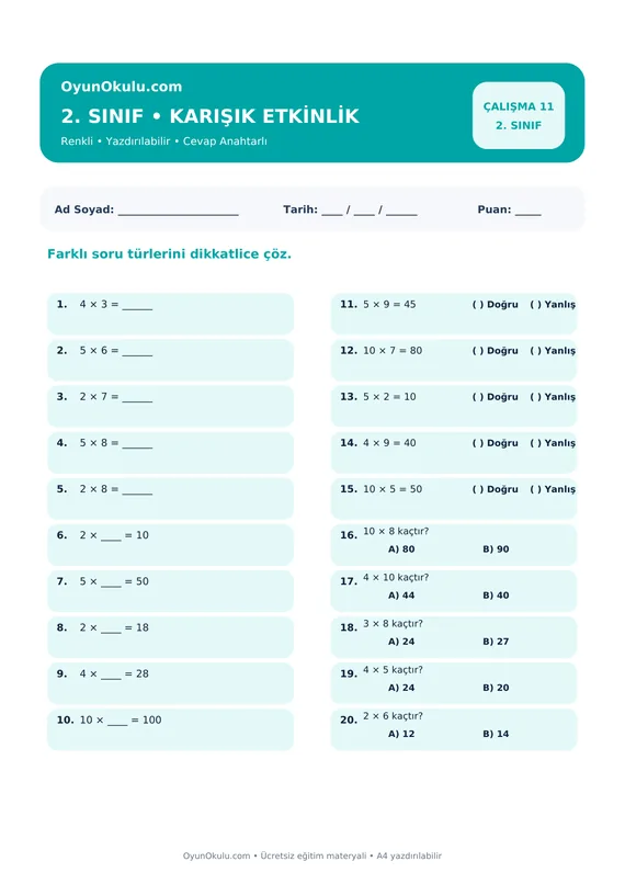 2. Sınıf Çarpım Tablosu Karışık Etkinlik PDF önizleme