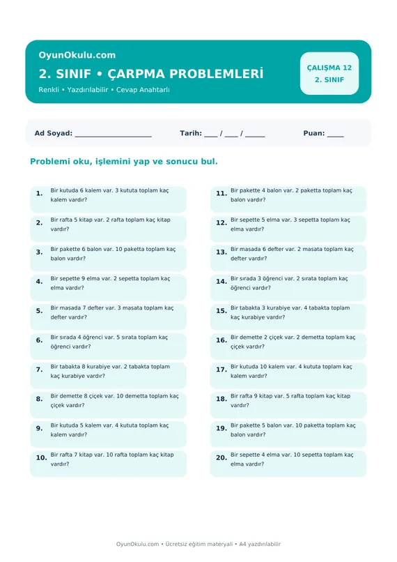 2. Sınıf Çarpım Tablosu Çarpma Problemleri PDF önizleme