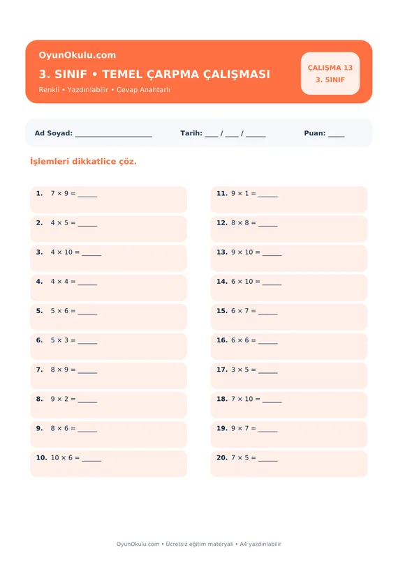3. Sınıf Çarpım Tablosu Temel Çarpma / Hazırlık PDF önizleme