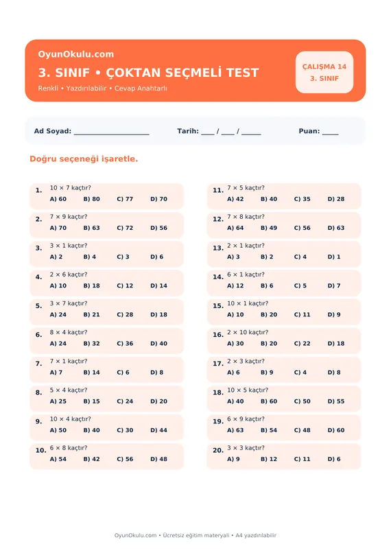 3. Sınıf Çarpım Tablosu Çoktan Seçmeli Test PDF önizleme