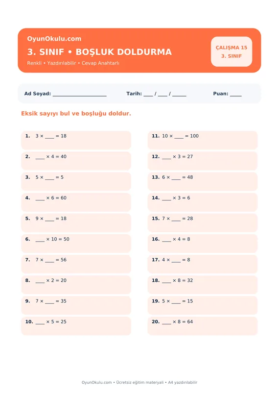 3. Sınıf Çarpım Tablosu Boşluk Doldurma PDF önizleme