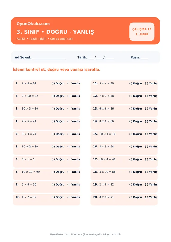 3. Sınıf Çarpım Tablosu Doğru - Yanlış PDF önizleme