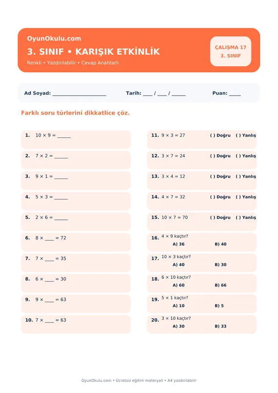 3. Sınıf Çarpım Tablosu Karışık Etkinlik PDF önizleme
