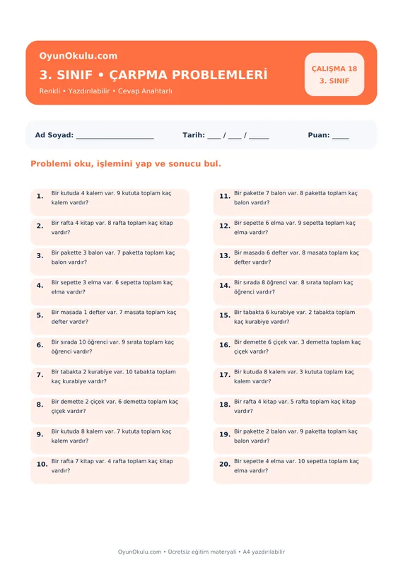 3. Sınıf Çarpım Tablosu Çarpma Problemleri PDF önizleme