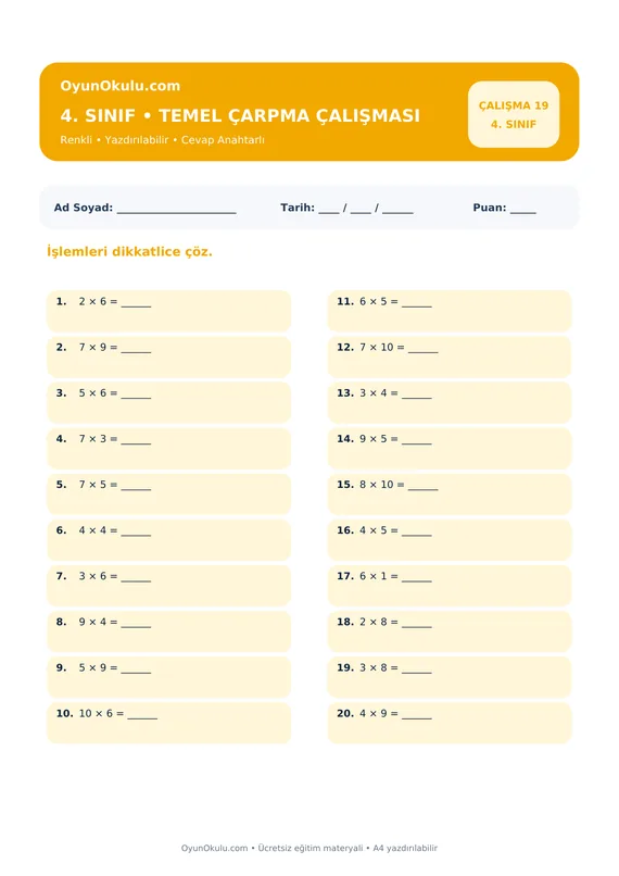 4. Sınıf Çarpım Tablosu Temel Çarpma / Hazırlık PDF önizleme