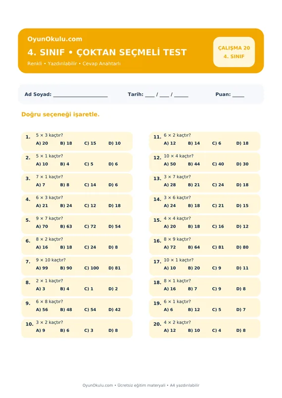 4. Sınıf Çarpım Tablosu Çoktan Seçmeli Test PDF önizleme