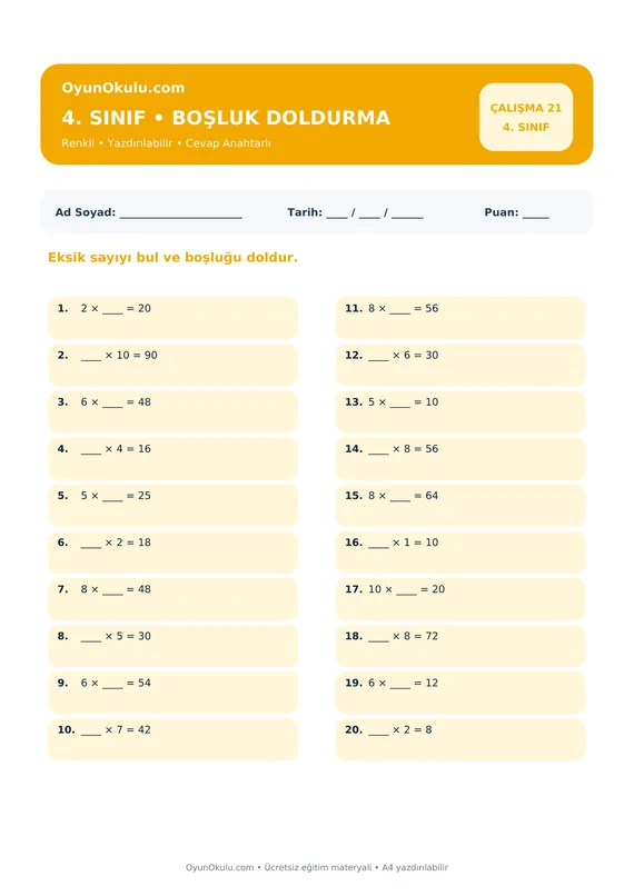 4. Sınıf Çarpım Tablosu Boşluk Doldurma PDF önizleme