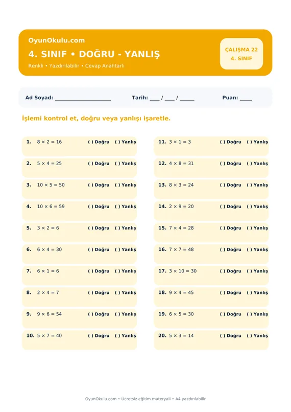 4. Sınıf Çarpım Tablosu Doğru - Yanlış PDF önizleme