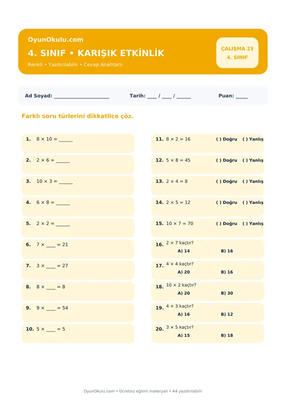 4. Sınıf Çarpım Tablosu Karışık Etkinlik PDF önizleme