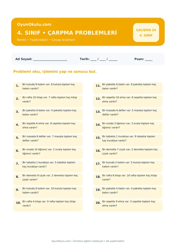 4. Sınıf Çarpım Tablosu Çarpma Problemleri PDF önizleme