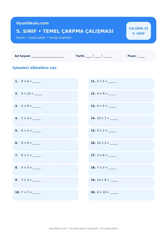 5. Sınıf Çarpım Tablosu Temel Çarpma / Hazırlık PDF önizleme
