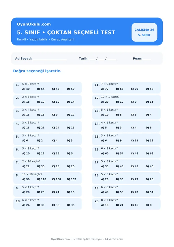 5. Sınıf Çarpım Tablosu Çoktan Seçmeli Test PDF önizleme