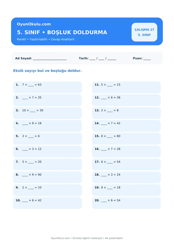 5. Sınıf Çarpım Tablosu Boşluk Doldurma PDF önizleme
