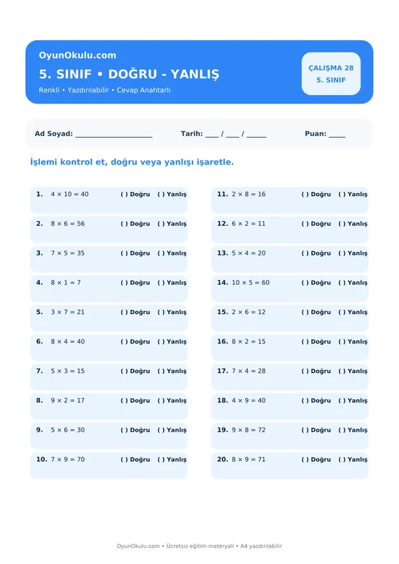 5. Sınıf Çarpım Tablosu Doğru - Yanlış PDF önizleme