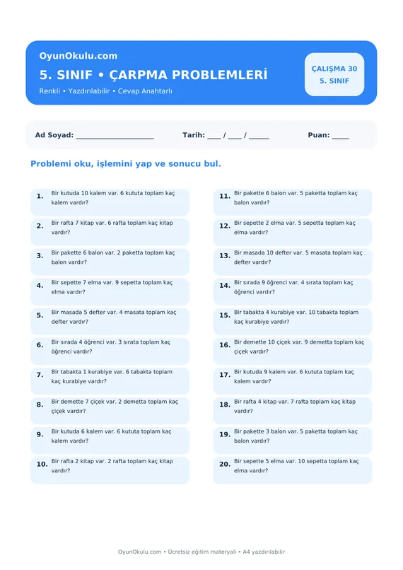 5. Sınıf Çarpım Tablosu Çarpma Problemleri PDF önizleme
